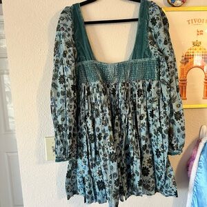 Free People Blue Cotton and Velvet Floral Mini Babydoll Dress L NWT